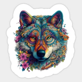 colorful wolf with flowers Sticker